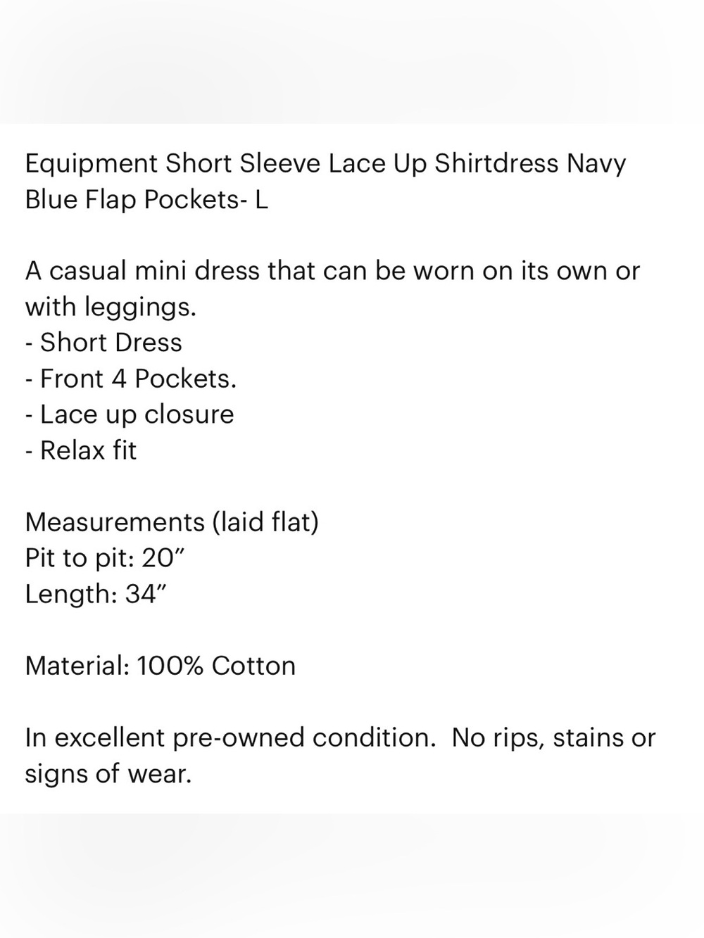 Equipment like New Navy Lace-Up Short Sleeve Mini Dress flap pockets, navy L - Picture 3 of 11